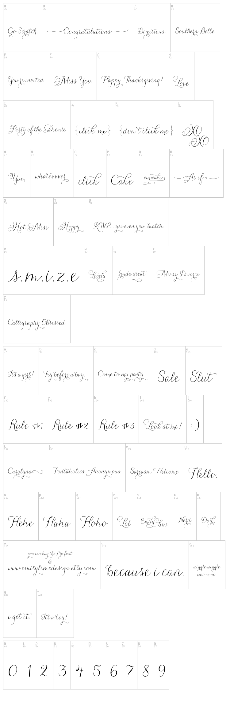 Carolyna Words font map